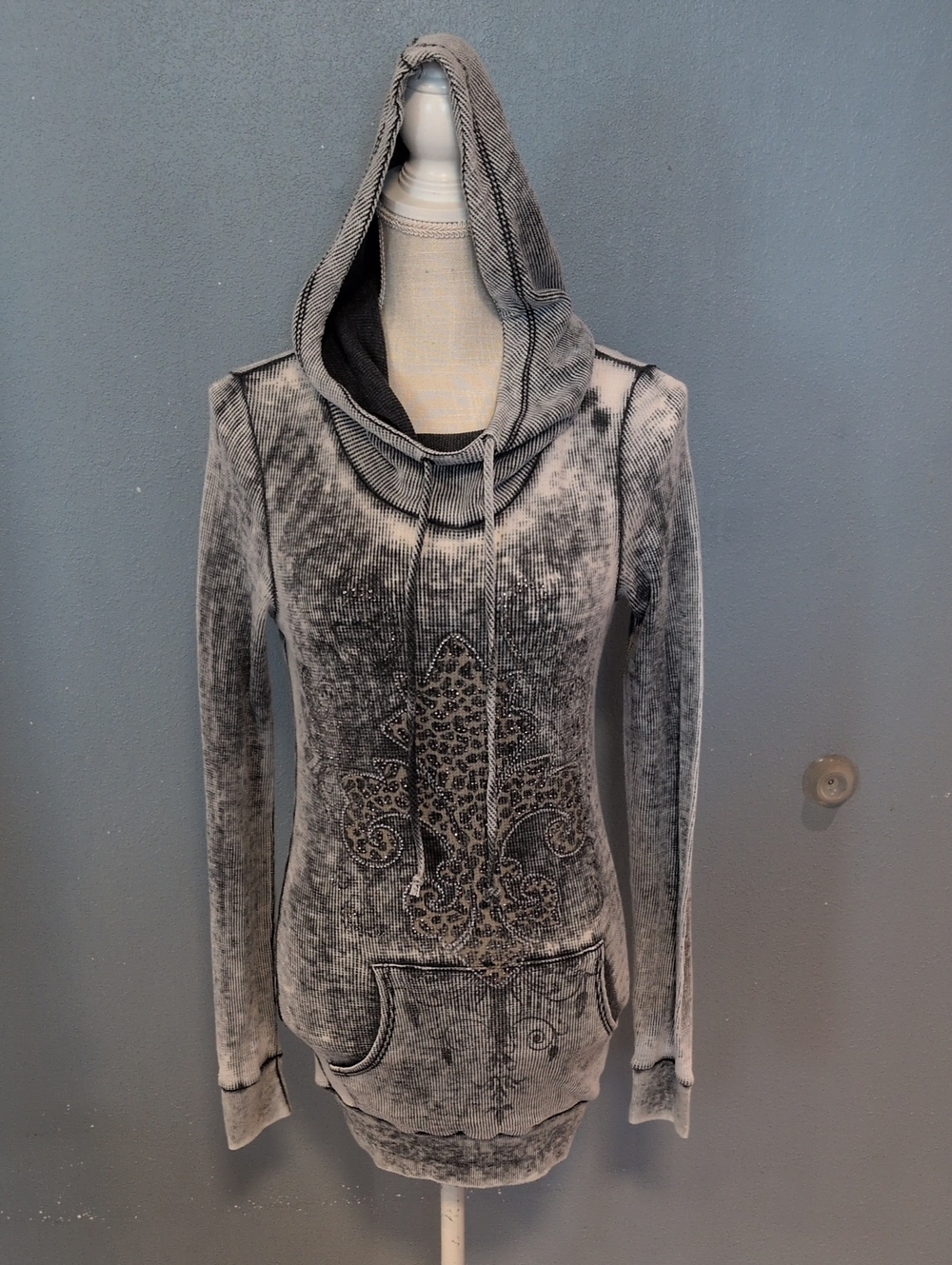Vocal Burnout Y2K Grunge Waffle Knit Leopard Print Rhinestone Hoodie Distressed
